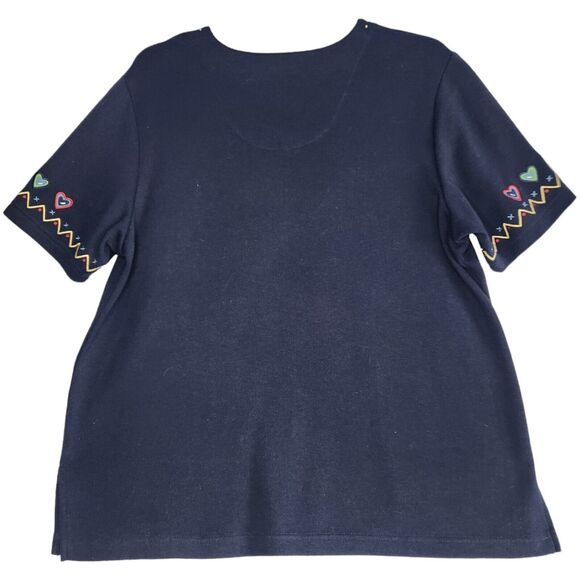Vintage Womens Short Sleeve Embroidered Blouse Size 1X Flowers Hearts Navy Blue - Picture 2 of 8